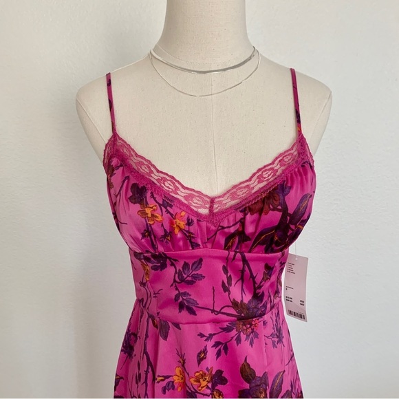 UO Purple Magenta Floral Tropical Print Satin Midi Side Slit Slip Dress - Picture 5 of 16